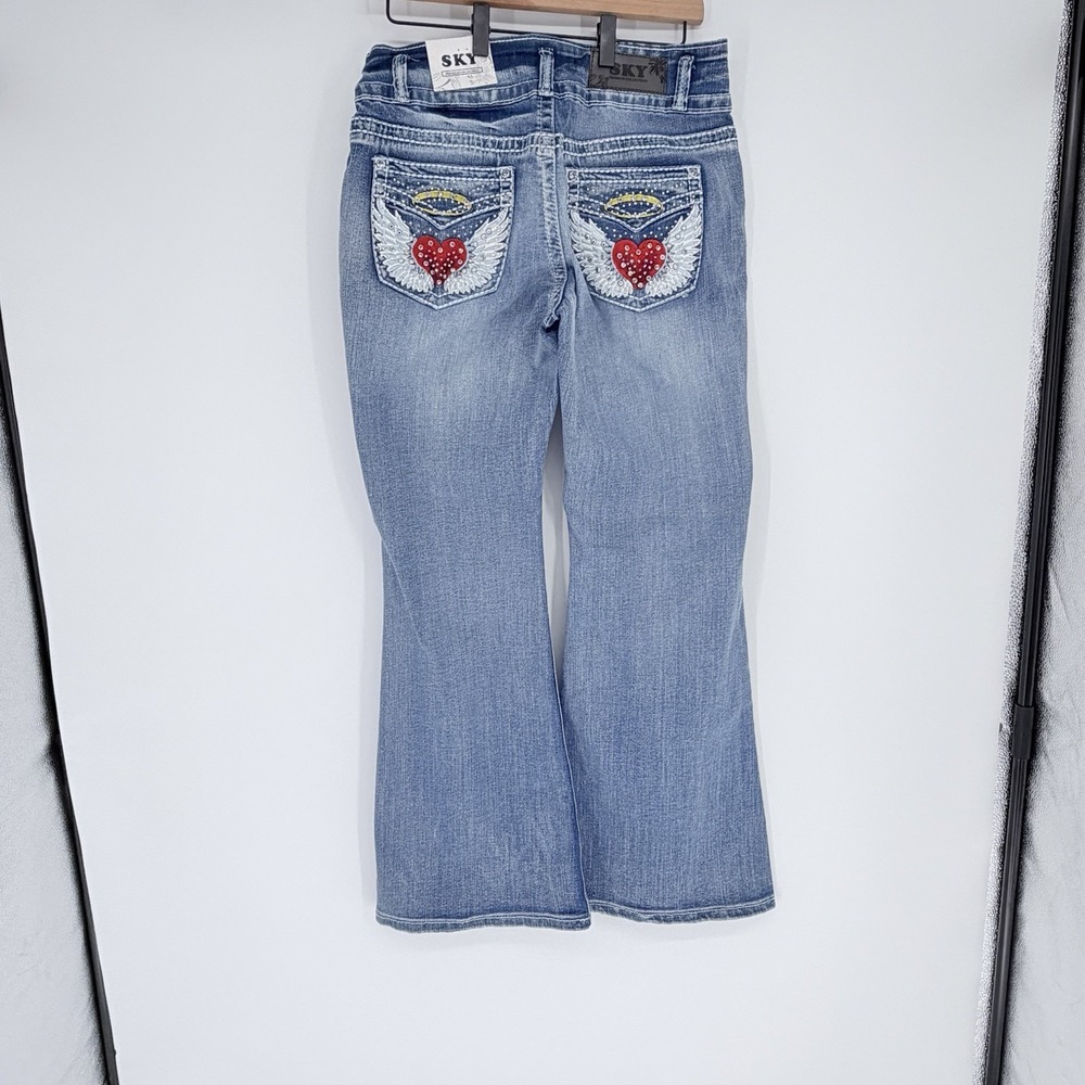 SKY Premium Collection Heart Angel Wings Halo Bling Rhinestone Flare Jeans 13 - Picture 5 of 9